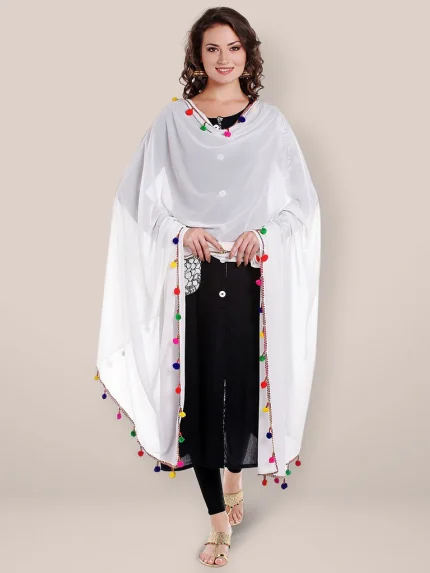 White Chiffon Dupatta with Multicolored Pompom Balls
