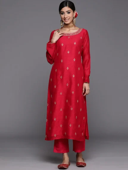 Magenta Solid Silk Straight Kurta