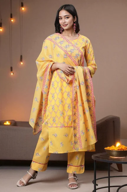 Yellow Floral Printed Cotton Dupatta
