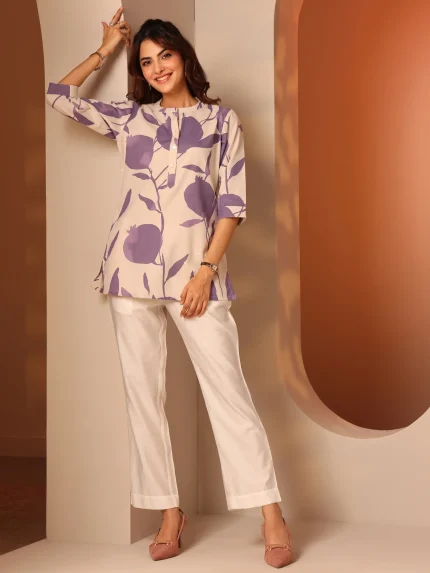 Off White Printed Cotton Straight Short Kurti