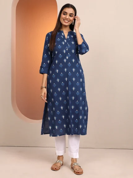 Blue Printed Cotton Straight Kurta