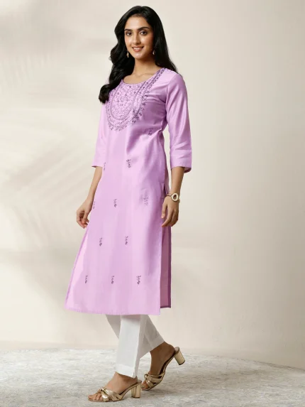 Lavender Embroidered Silk Blend Straight Kurta