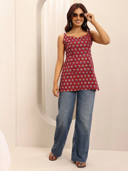Red Printed Cotton Blend Straight Short Kurti