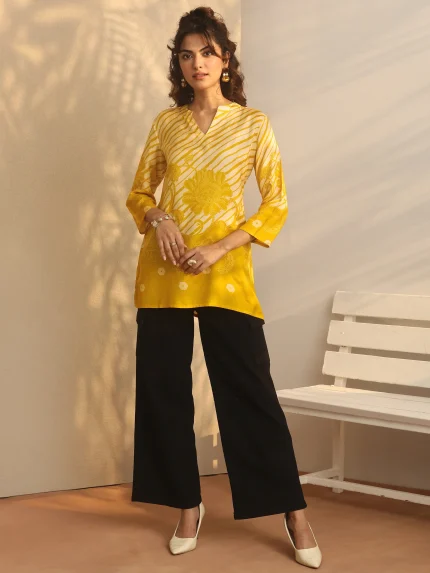 Mustard Printed Muslin Straight Short Kurti