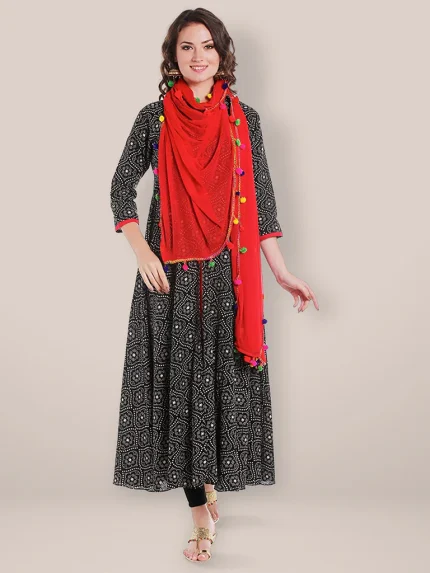 Red Chiffon Dupatta with Multicolored Pompom Balls