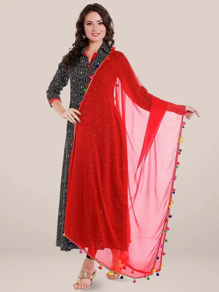 Chiffon Dupatta with Multicolored Pompom Balls