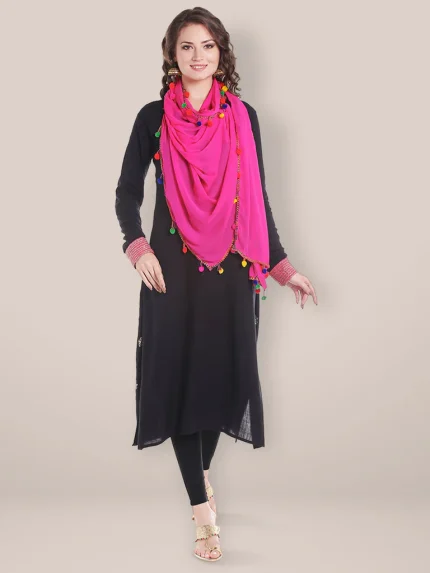 Rani Pink Chiffon Dupatta with Multicolored Pompom Balls