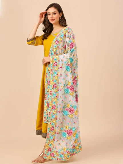 Floral Embroidered White & Multi Georgette Dupatta