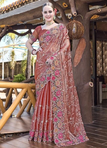 Floral Embroidered Sequins Stone Embossed Saree Festive Wear