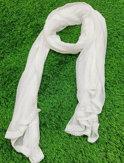 Plain White Chiffon Dupatta With Crochet lace Border