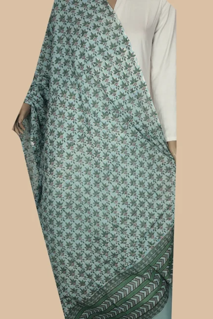 Green Florets on Blue Block Printed Mul Cotton Dupatta