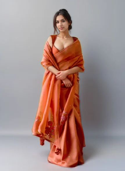 Orange Organza Silk Zari Sequins Hand Embroidered Saree Festive Wear