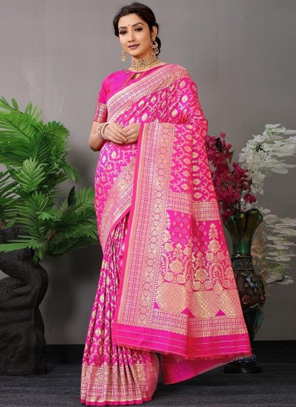 Soft Silk Dark Pink Color Zari Work Saree Festive Wear